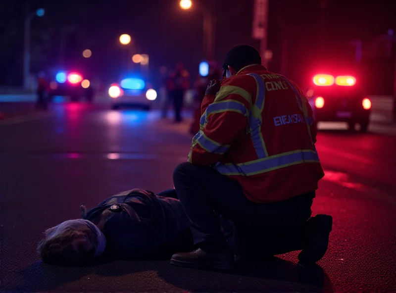 A paramedic attending to a patient in an urban environment at night. Police car lights are flashing in the background.