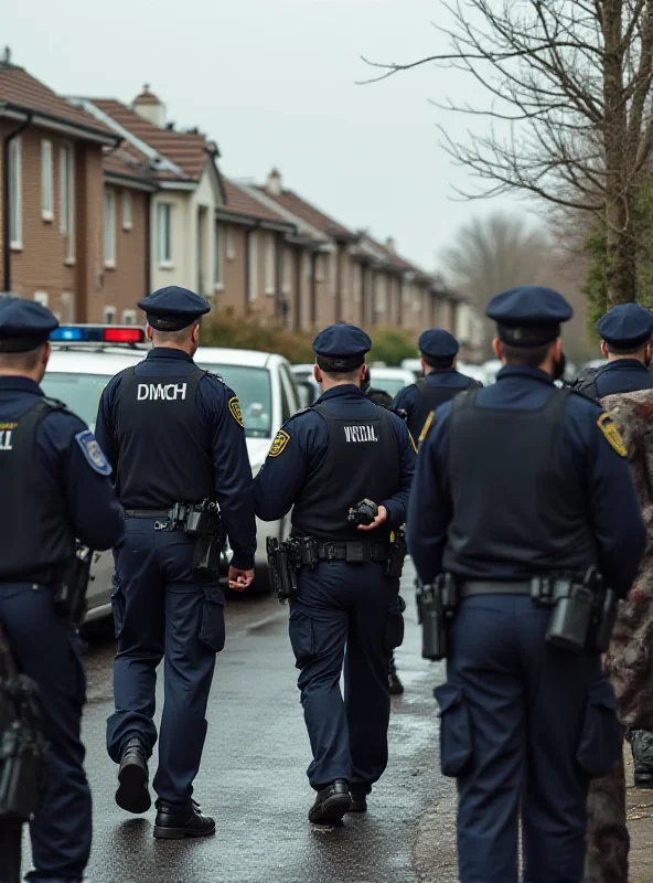 Police officers arresting suspects in a residential area. The scene is chaotic with police vehicles and onlookers.