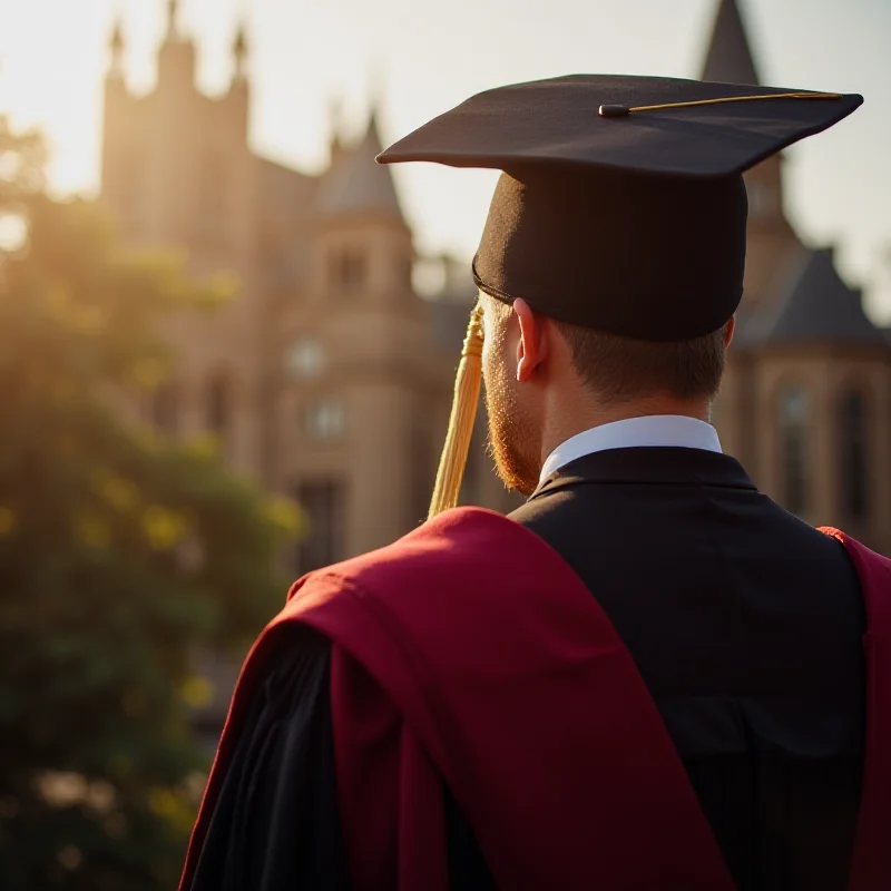A close-up shot of academic regalia, focusing on the doctoral hood and tassels, with a blurred background of a university building.