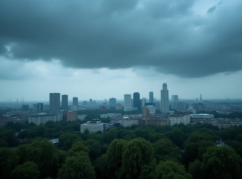 A cityscape of Warsaw with dark clouds gathering overhead.