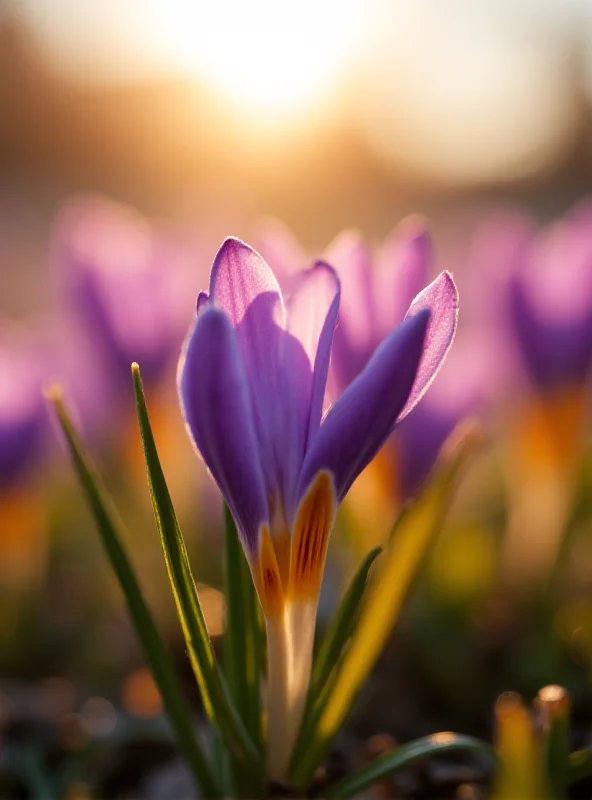 Close-up of blooming crocus flowers in a field with bright sunshine.