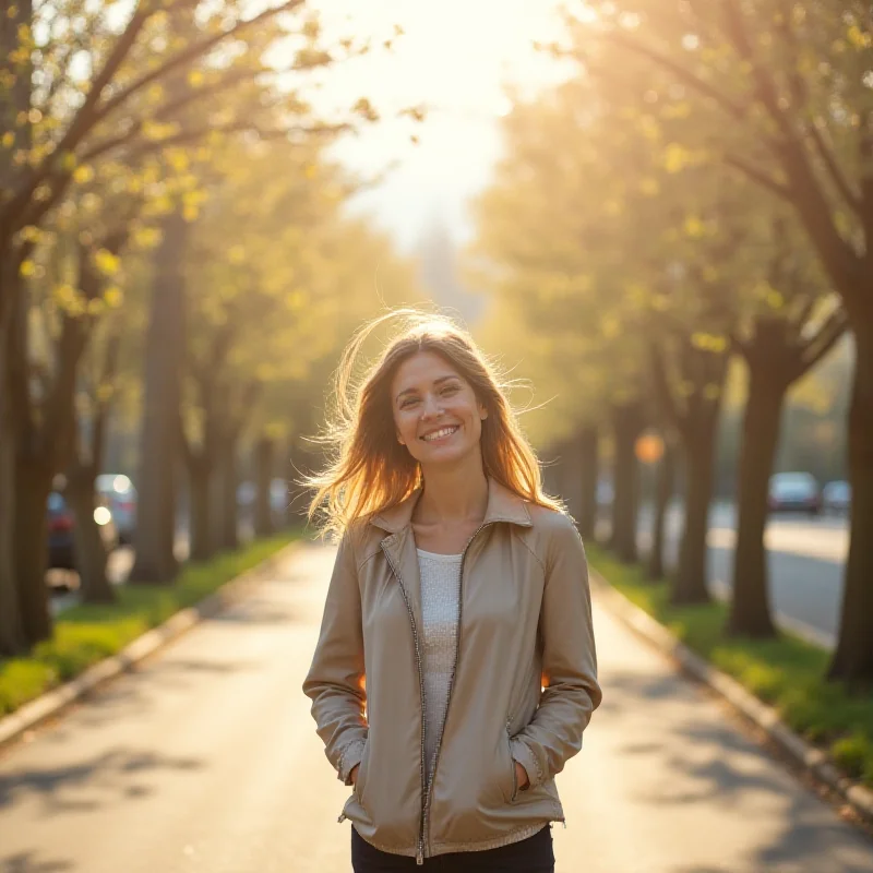 A person wearing a light jacket smiles while walking down a sunny street with trees beginning to bud.