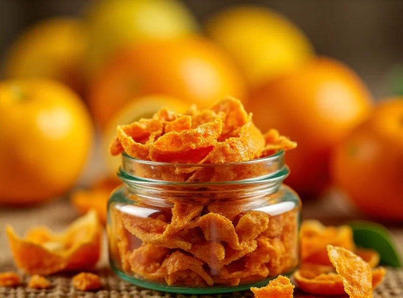Close up of dried citrus peels in a glass jar, with fresh oranges and lemons in the background.