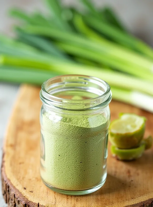 A glass jar filled with homemade onion powder, with fresh scallions and leeks in the background on a wooden cutting board.