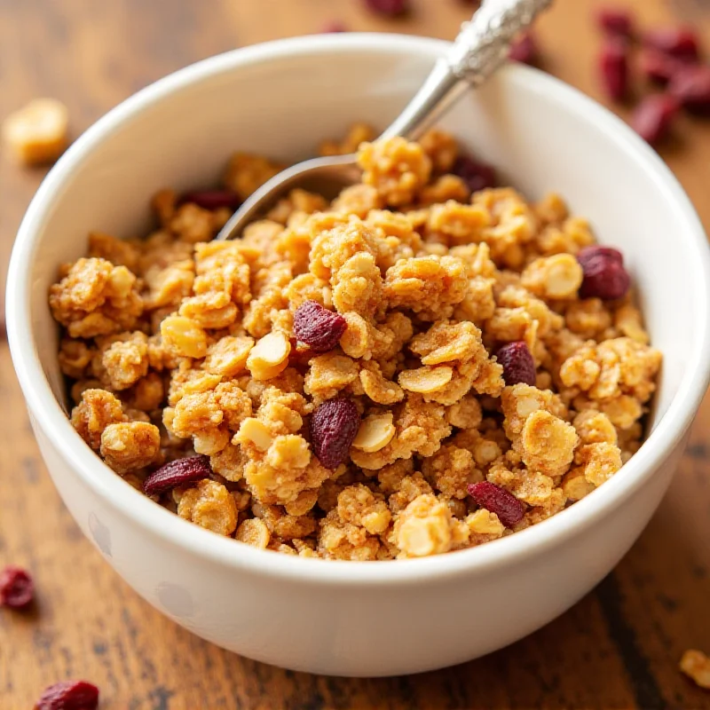 A bowl of golden sourdough granola with almonds and dried cranberries, with a spoon resting in the bowl.
