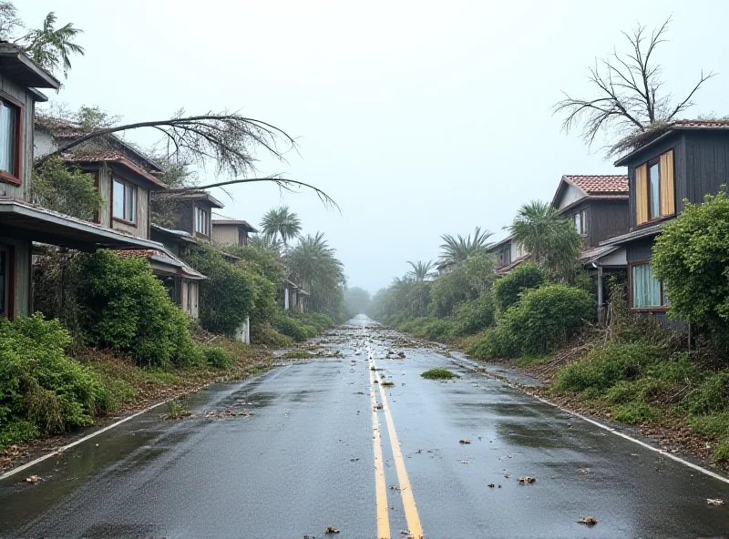 Damaged buildings and debris strewn across a street after a cyclone.