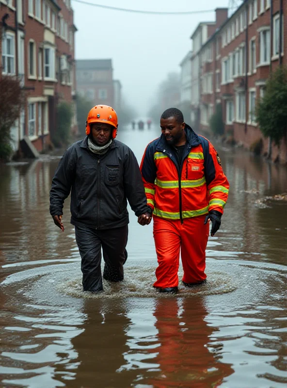 A rescue worker assisting a resident through flooded streets after a cyclone.