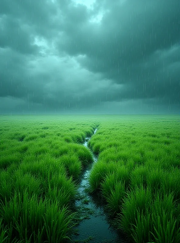 A landscape photograph showcasing a rain-soaked field with dark, ominous clouds overhead.