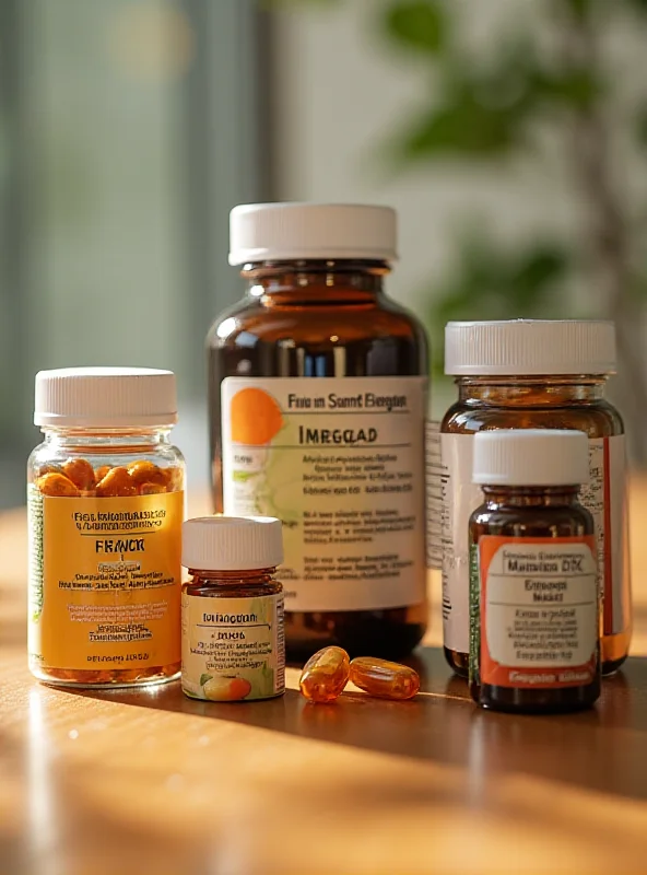Close-up shot of various vitamin and mineral supplements arranged on a wooden table.