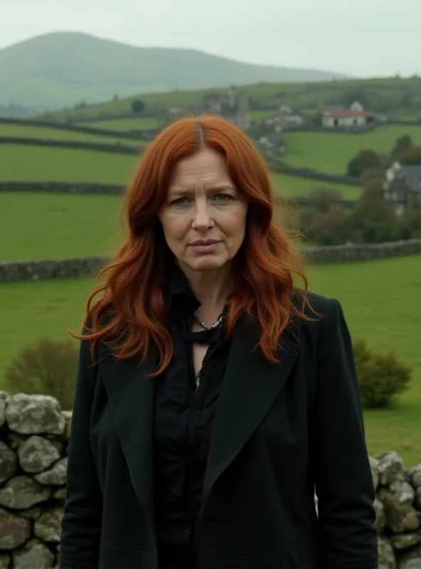 Christina Hendricks as Wendy, a Hollywood producer, standing in a rural Irish setting.