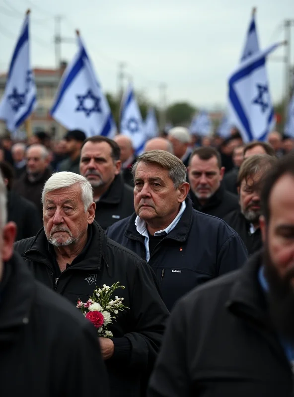Mourners gathered at a funeral in Israel, holding flags and flowers.