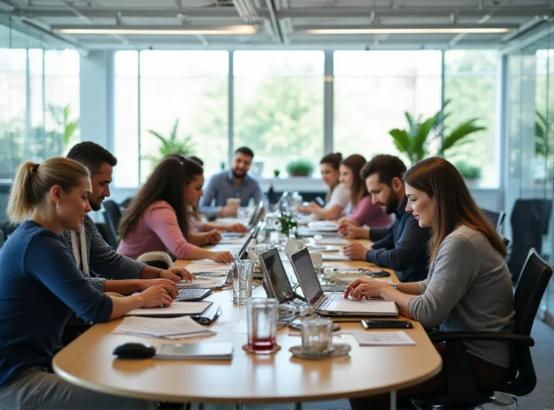 Office workers in a modern office setting, some working at desks, others collaborating in a meeting. The scene is bright and airy, symbolizing the traditional office environment.
