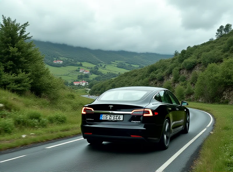 A Tesla electric car driving on a winding European road, surrounded by lush green hills. The car is sleek and modern, representing innovation and sustainability. The sky is overcast, hinting at the challenges Tesla faces in the European market.