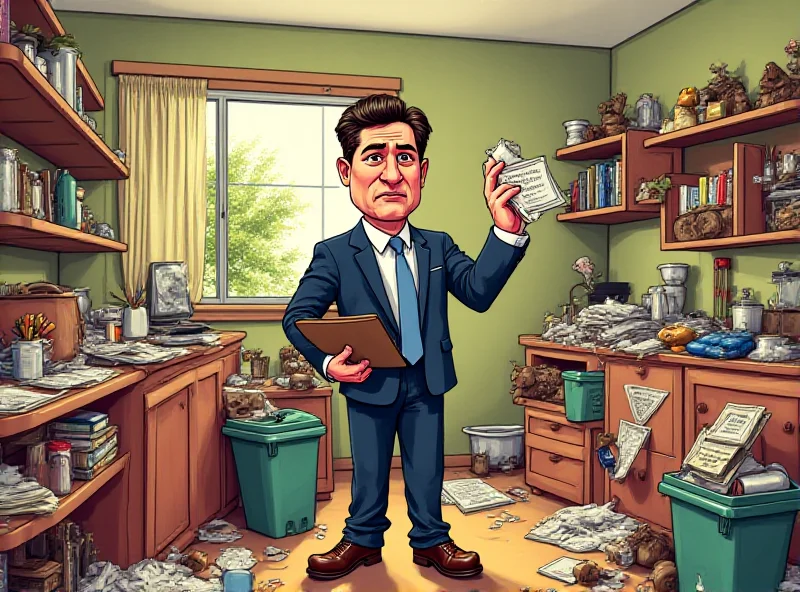 Illustration of an exasperated landlord standing in a messy apartment with overflowing trash and quirky decorations.