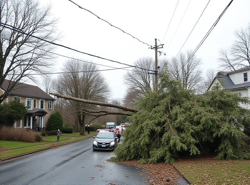 A fallen tree blocking a road in a residential area of Billerica, Massachusetts, with power lines tangled in the branches.