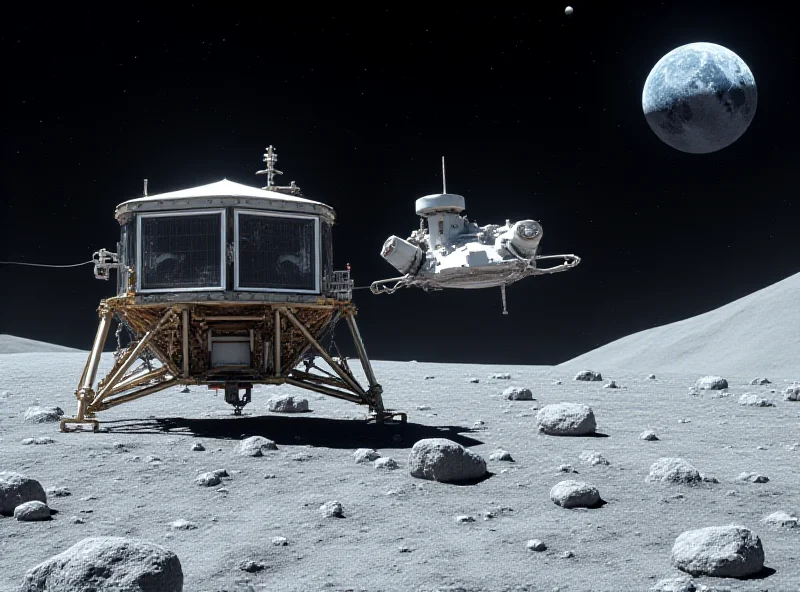 Artist's rendering of the Athena lunar module descending towards the surface of the Moon, with craters and the Earth visible in the background.