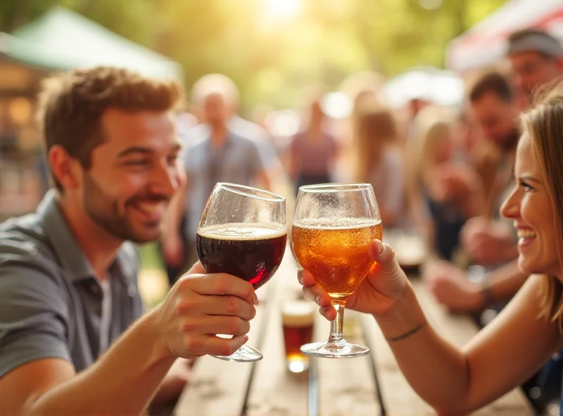 Two people toasting with glasses of wine and beer at an outdoor festival.