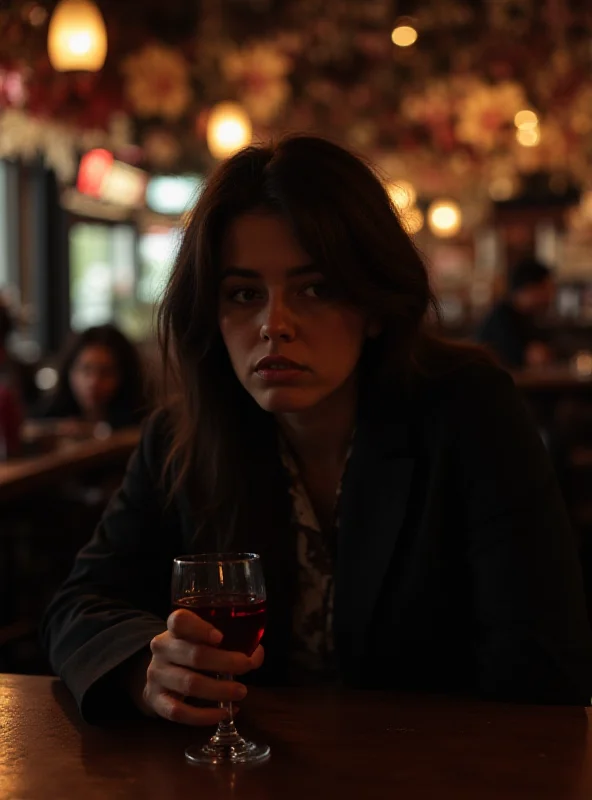 A person looking thoughtful with a glass of wine in their hand, sitting alone at a table.