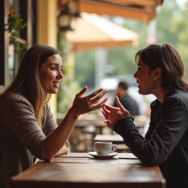 Two people having a conversation, one actively listening to the other with a supportive expression.