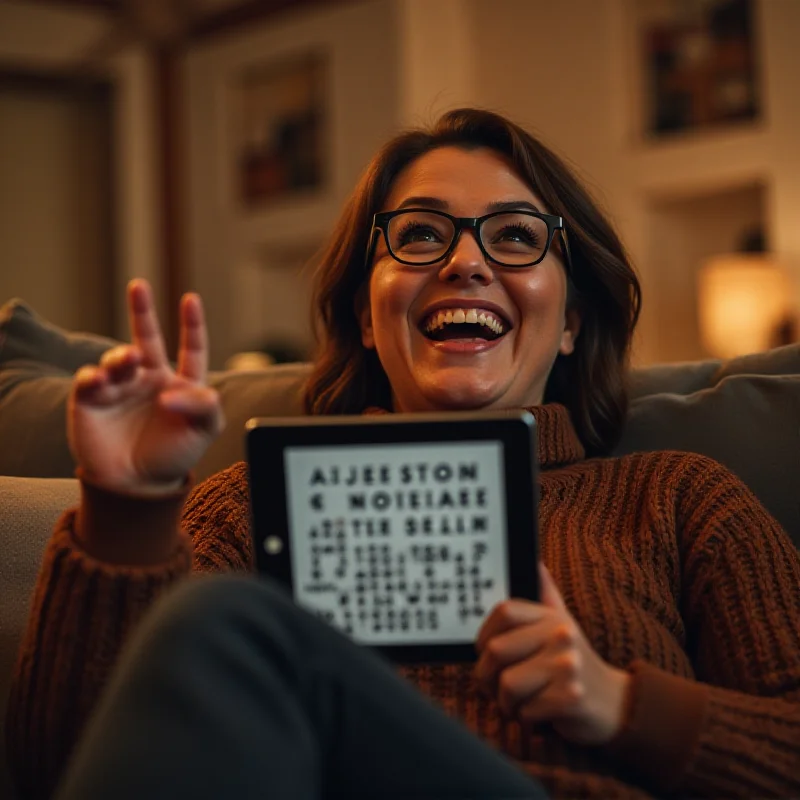 A person celebrating after correctly solving a Wordle puzzle on their tablet.