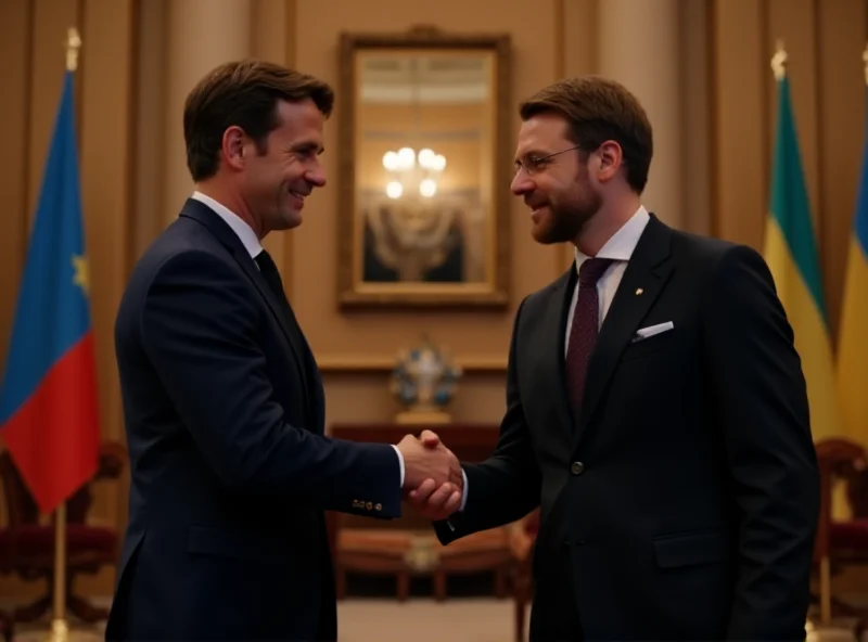 Emmanuel Macron and Volodymyr Zelensky shaking hands in a formal setting.