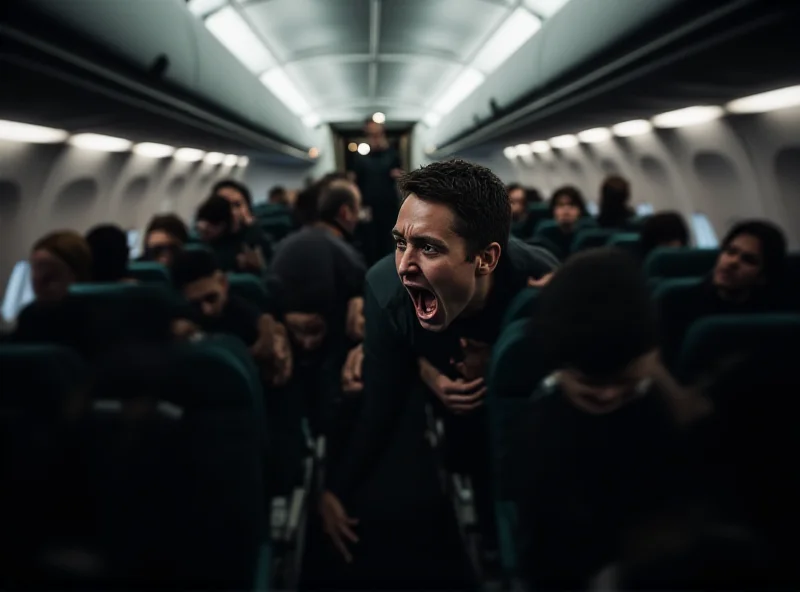 Illustration of a tense scene inside an airplane cabin with passengers and crew subduing a young man.