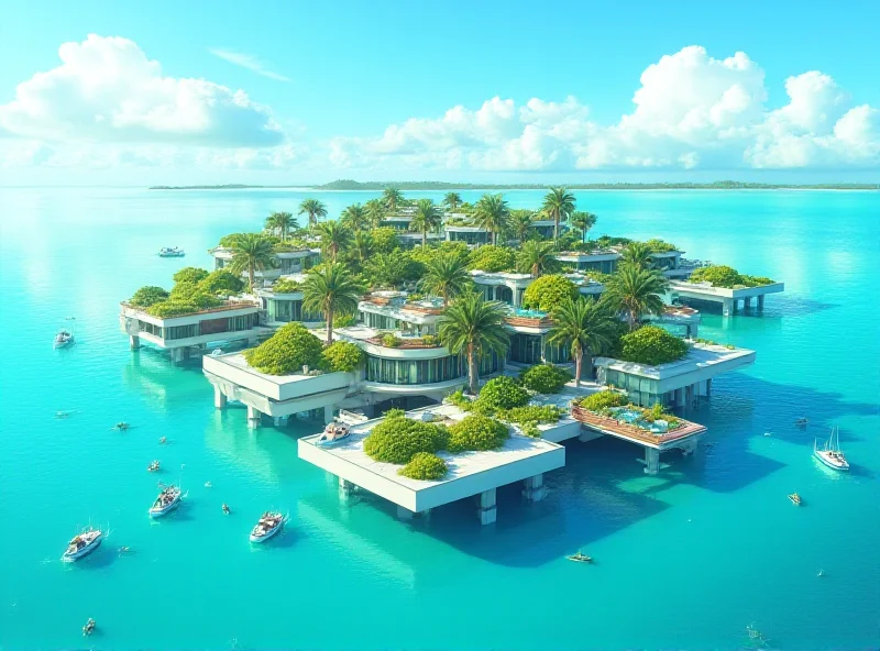 A futuristic illustration of a floating city in the Maldives, showing interconnected islands with colorful buildings and lush vegetation, surrounded by turquoise waters.