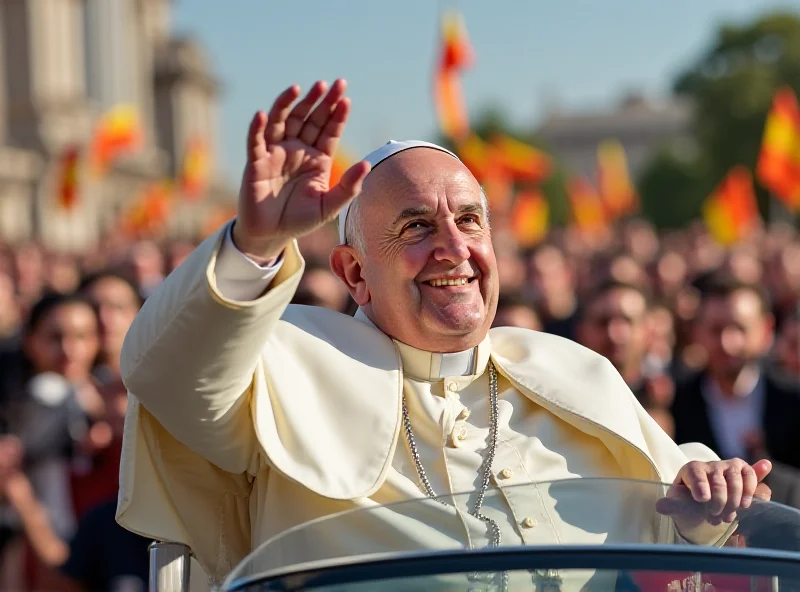 Pope Francis waving to a crowd from his Popemobile.