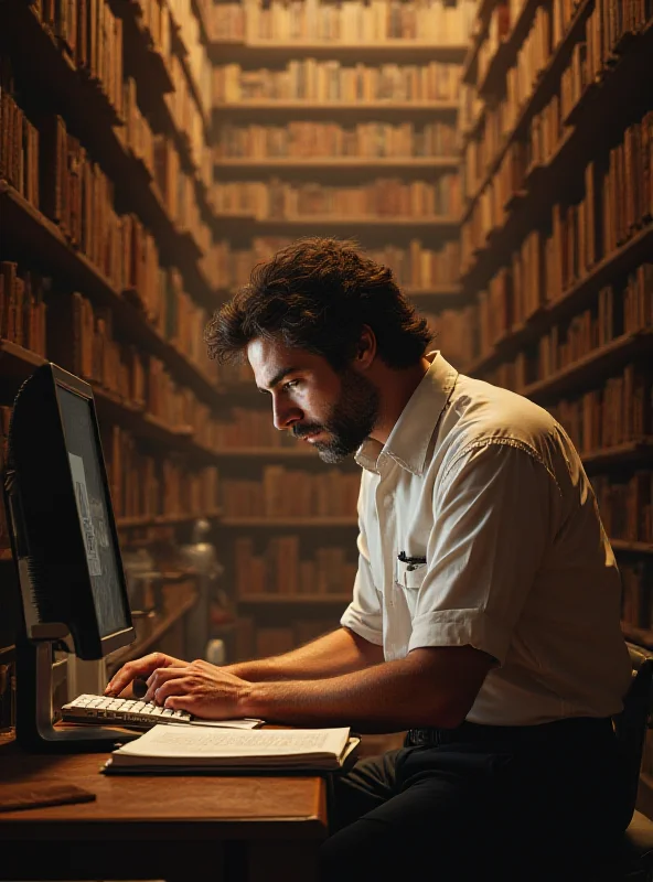 A digital rendering of Francesco Schettino working at a computer inside the Vatican library, surrounded by ancient books.