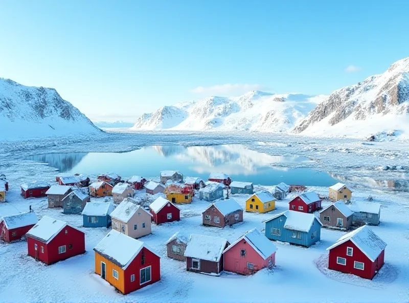 Aerial view of colorful houses in a small Greenlandic town nestled amidst icy fjords and mountains, with a clear blue sky above.