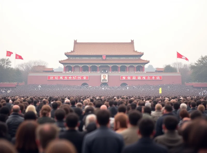 A panoramic view of Beijing, China, during a political conference, with flags and banners visible.
