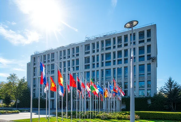 A photo of the United Nations headquarters in Geneva, Switzerland, with flags waving.
