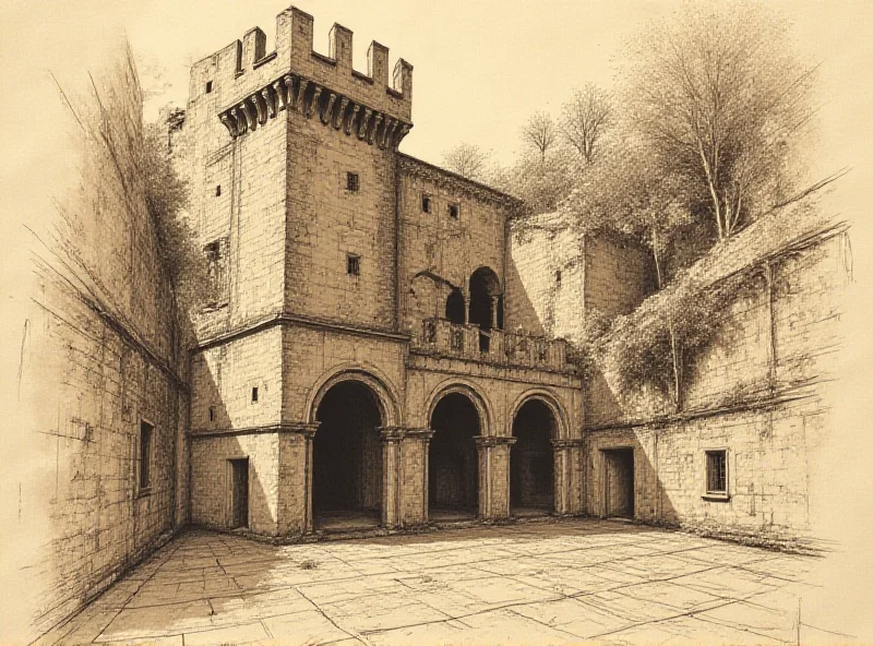 Detailed sketch of a potential tunnel system with Da Vinci's signature style, hinting at hidden passages beneath a grand Italian castle.
