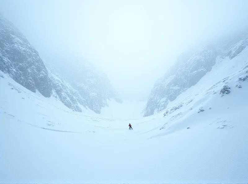 A snow-covered mountain landscape after an avalanche, emphasizing the treacherous conditions and the miraculous survival story of a 22-year-old man.