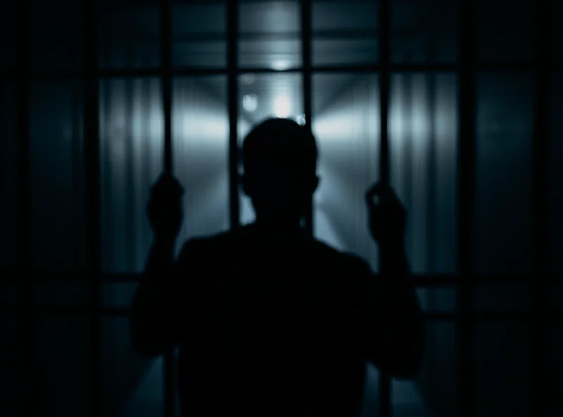 Silhouette of a person in prison bars, dramatic lighting