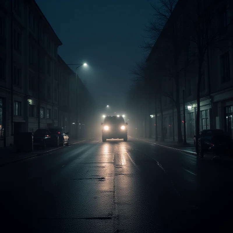 Night scene in Warsaw, Poland with police lights flashing