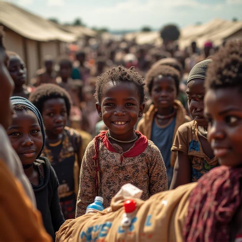 A group of diverse people receiving humanitarian aid