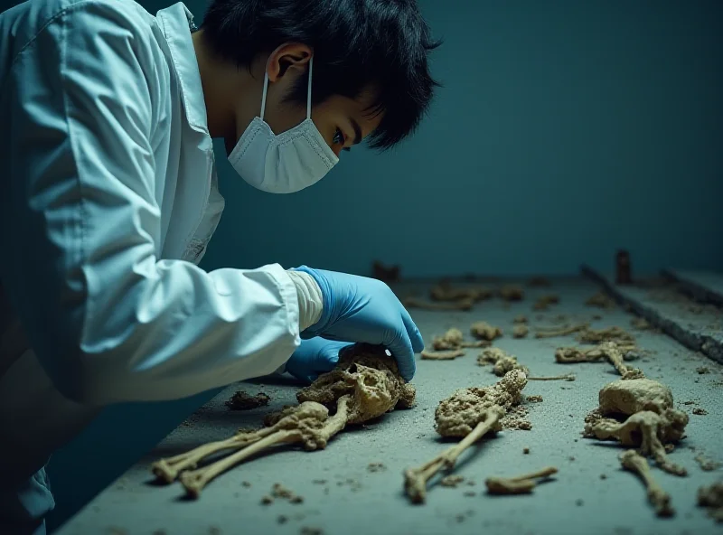 A somber photo of a Japanese researcher carefully examining unearthed human remains in a laboratory setting.