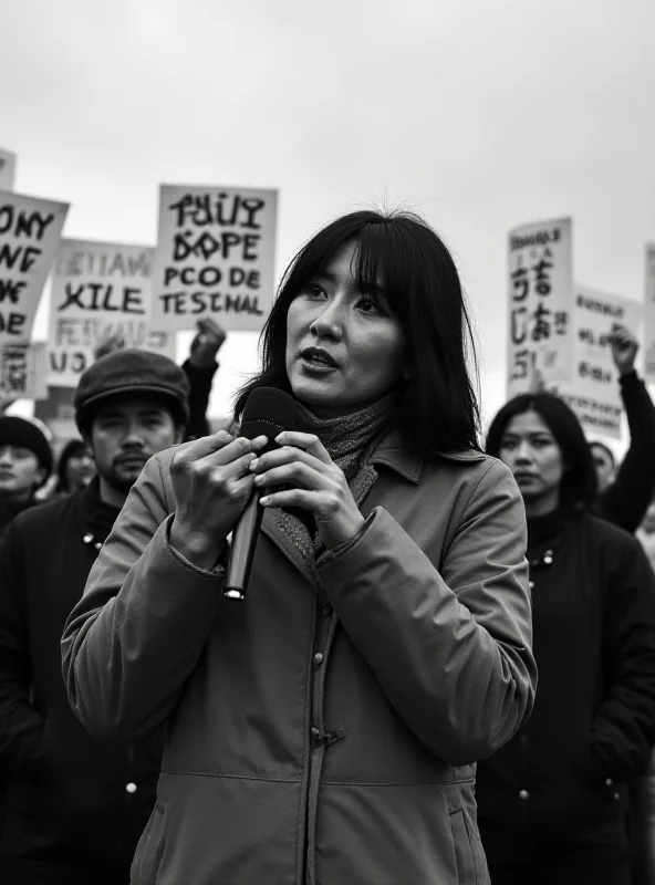 A black and white photo of Mina Watanabe speaking passionately at a rally, advocating for the rights of comfort women.