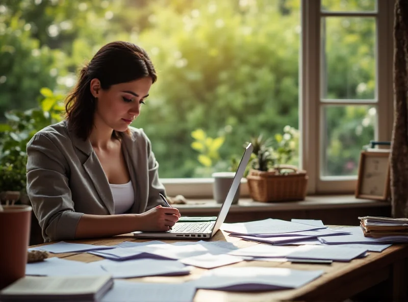 A person sitting at a desk writing on a laptop, with natural light coming in from a window.