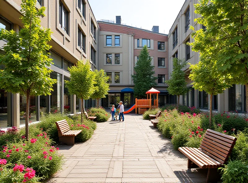 A beautifully renovated courtyard in Wrocław with flowers, benches, and children playing.