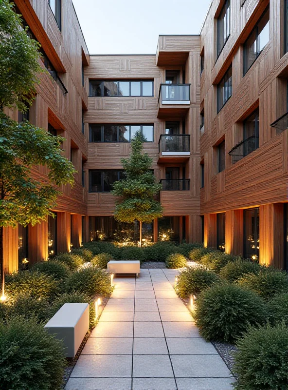 A modern architectural rendering of planned courtyard improvements, showing new benches, lighting, and landscaping.