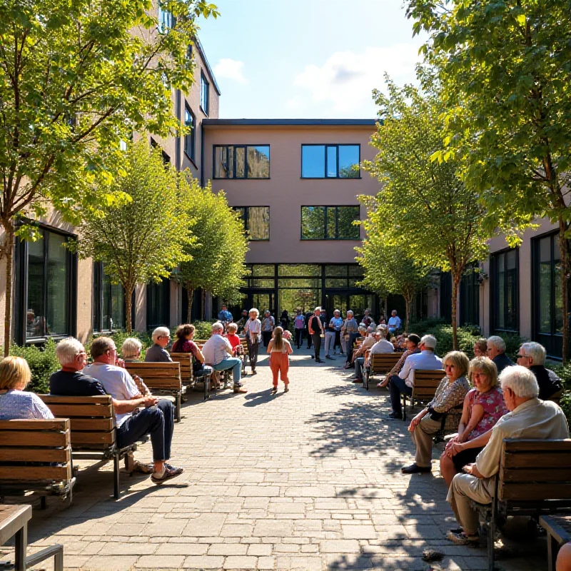 A group of people enjoying a sunny day in a renovated courtyard, laughing and talking.