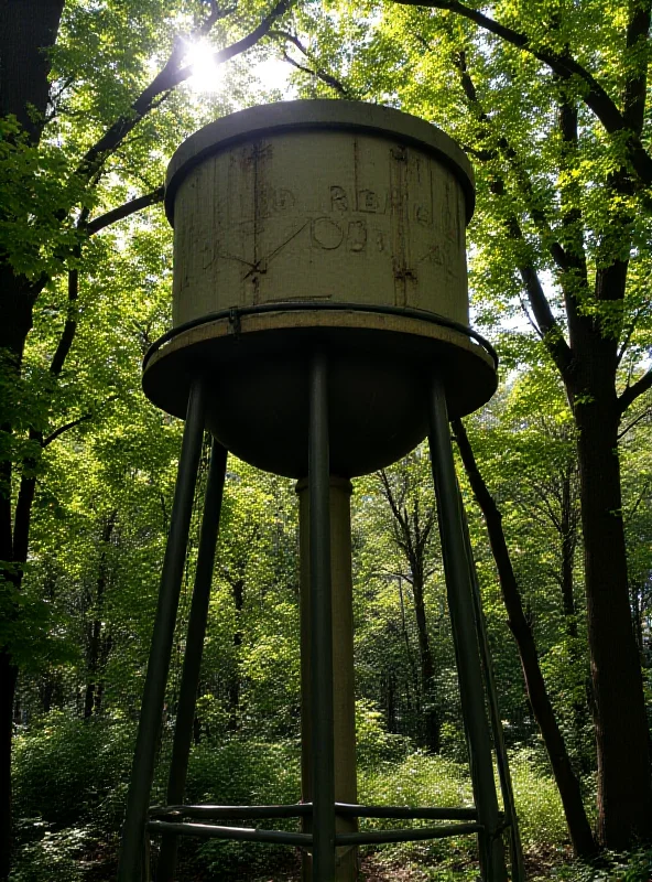 A vintage water tower in a lush green park setting, with sunlight filtering through the trees, emphasizing the historical significance and quiet nature of the location.