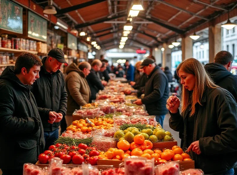 A bustling Polish market scene with shoppers examining fresh produce, meat, and other grocery items, highlighting the vibrant atmosphere and affordable prices.