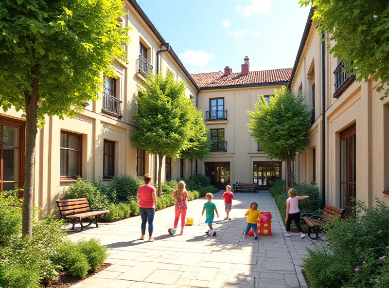 A revitalized courtyard in a European city, with greenery and children playing.