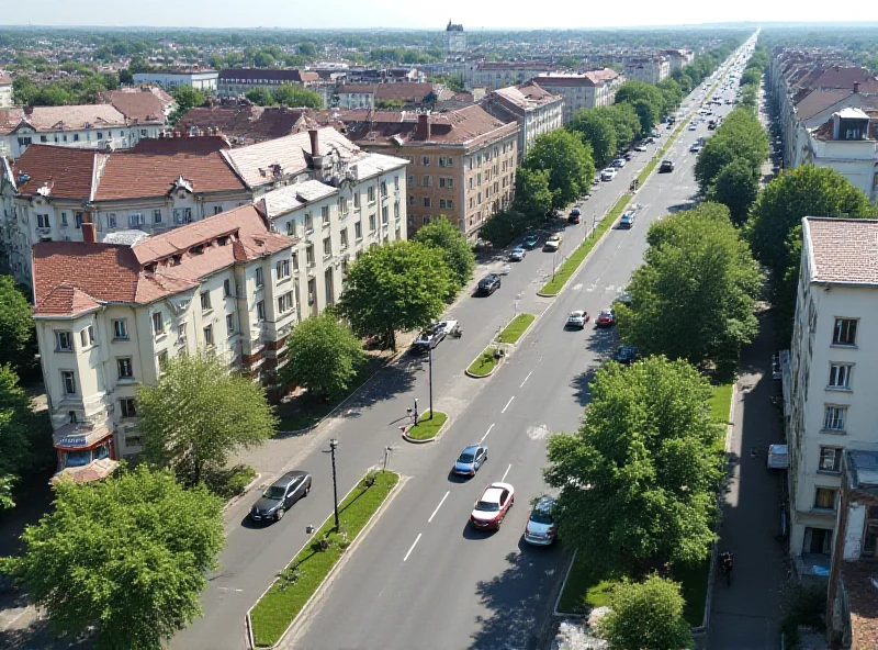An aerial view of Koszarowa Street in Wrocław, showing traffic and surrounding buildings.