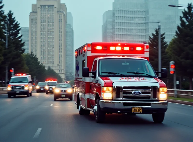 A modern ambulance speeding down a city street, with hospital in the background.