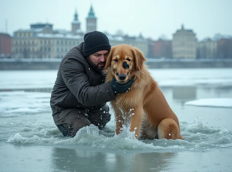 A man struggling in icy water while trying to rescue a dog.