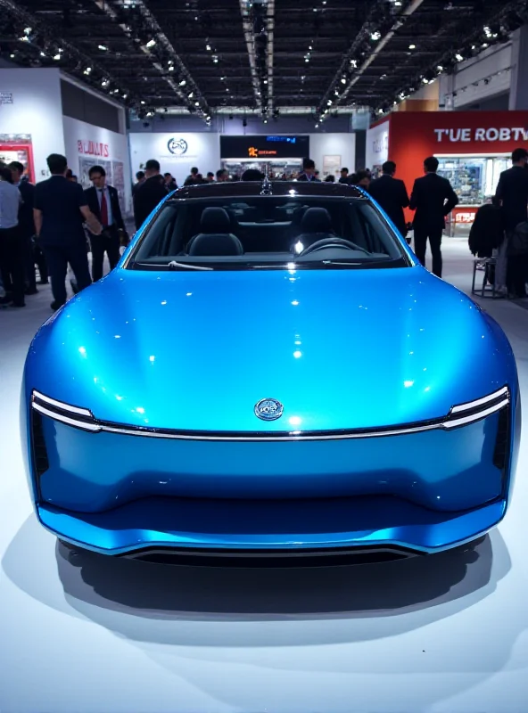 A sleek, modern electric vehicle, the Xiaomi SU7 Ultra, is displayed at a technology convention. The car is a bright blue color with a low profile and aerodynamic design.
